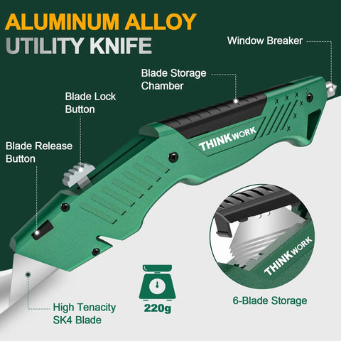 All Metal Utility Knife Retractable Heavy Duty Aluminum Body For Durable Cutting, Locking Blade, Pro Grade Box Cutter For Construction, Carpentry, And DIY Projects, Built To Withstand Drops And Tough Jobs, green body, 220g