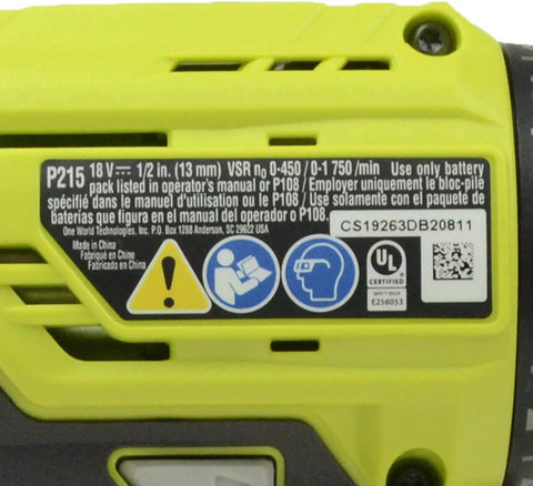 18V Cordless 1/2 Inch Drill Driver Bare Tool P215 label showing specifications and safety warnings