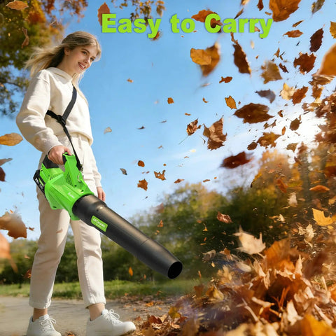 User holding Beast Cordless Leaf Blower With Upgraded 1200W Brushless Motor, clearing autumn leaves, sunny day