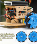 Omnidirectional Mecanum Wheel Set With Hex Pins And Screws, 52mm And 2.05 Inch ABS Rubber Wheels For Smart Robot Cars, blue wheel mounted on robot
