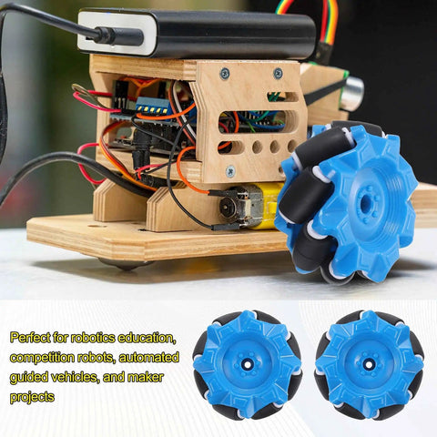 Omnidirectional Mecanum Wheel Set With Hex Pins And Screws, 52mm And 2.05 Inch ABS Rubber Wheels For Smart Robot Cars, blue wheel mounted on robot
