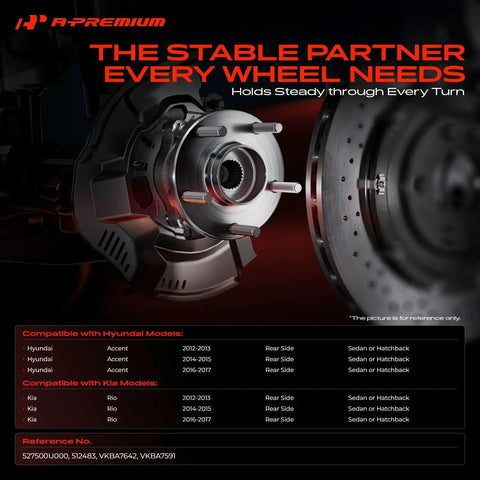 Pair Of Heavy Duty Rear Wheel Bearing And Hub Assembly With Abs Ring And 4 Lug For Hyundai Accent And Kia Rio displayed with components.