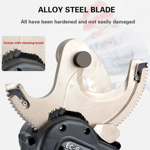 Close-up of alloy steel blade on Electric Ratchet Cable Cutter Battery Powered Hydraulic Wire Cutter For Copper And Aluminum, Model EC65M
