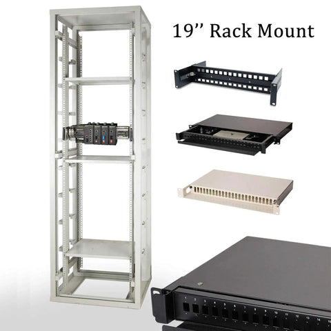 Universal 2U 19 Inch Rack Mount Kit For DIN Rail Devices shown with adjustable rail and installed in server rack.
