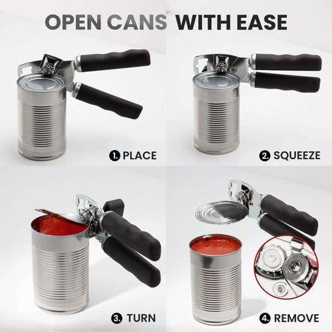 Comfy Manual Can Opener With Bottle Opener, Rust Proof Stainless Steel, Soft Grip Handles, Easy Open Can Demonstration Steps