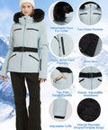 Women's Ski Jacket For Snowboarding Warm Winter Coat With Hood, Windproof And Waterproof, Short Slim Fit with details, XL Black.