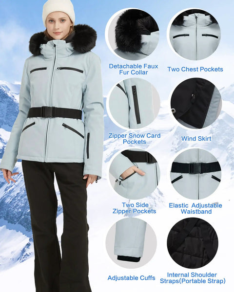Women's Ski Jacket For Snowboarding Warm Winter Coat With Hood, Windproof And Waterproof, Short Slim Fit with details, XL Black.