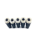 Five M12 4 Pin A Code Female Connector Field Wireable Adapters, 12mm, straight, IP67 waterproof, rugged industrial grade connectors