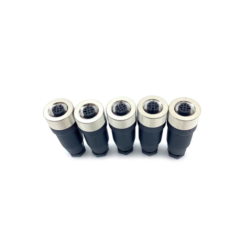Five M12 4 Pin A Code Female Connector Field Wireable Adapters, 12mm, straight, IP67 waterproof, rugged industrial grade connectors