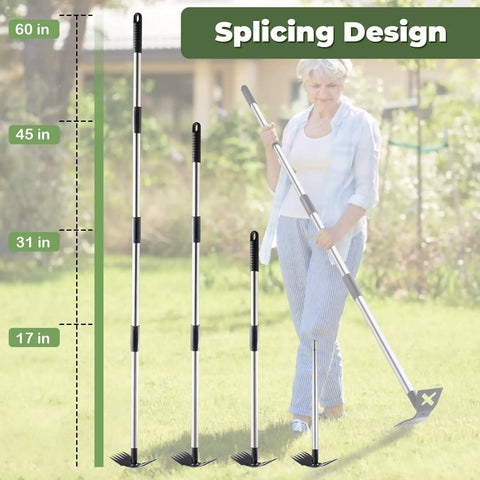 60 Inch Long Handle Weed Puller Tool With Adjustable Lengths From 17 To 60 Inches Heavy Duty 2-In-1 Manual Weed Rake And Garden Hoe In Use