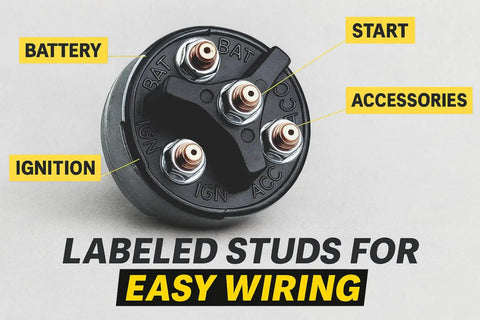 4 Position Ignition Switch For 12V Vehicles And Equipment ACC Off Run Start Heavy Duty 30A Zinc Die Cast Construction labeled wiring