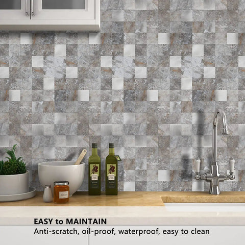 Peel And Stick Kitchen Backsplash Tile PVC Mixed Metal Look Volakas White Ten Sheets Strong Adhesive installed over kitchen sink