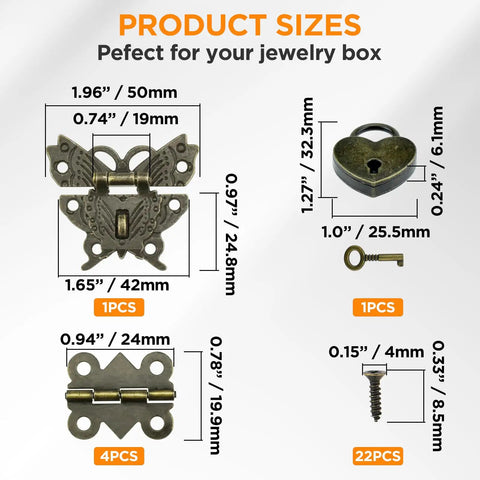 Size details of Retro Engraved Jewelry Box Hinges Hasp Lock Set With Screws Antique Bronze Finish shown with measurements