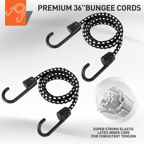 Two black and white premium 36-inch bungee cords with hooks, featuring elastic latex inner core for tension.
