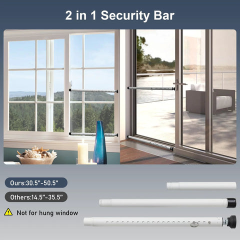 Sliding Door Security Bar 2 Pack Adjustable Locking Bar For Patio Doors And Windows Extends From 17.7 To 50.5 Inches 1 Inch Diameter White Metal With Rubber Tips Durable Home And Apartment Safety Locking Bar shown on windows and doors