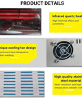 Infrared Reflow Soldering Oven For PCBs And SMD SMT BGA Rework Station with hot air circulation, quartz heaters, cooling fan, stainless steel