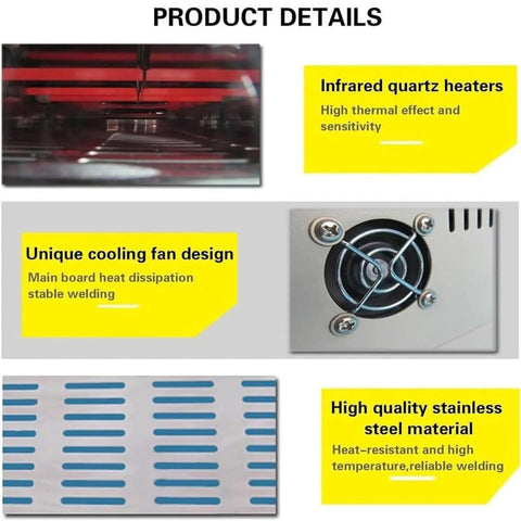 Infrared Reflow Soldering Oven For PCBs And SMD SMT BGA Rework Station with hot air circulation, quartz heaters, cooling fan, stainless steel