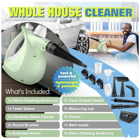Hella Badass Handheld Steam Cleaner With 3 Bar High Pressure And 11 Piece Chemical Free Kit for various cleaning accessories.