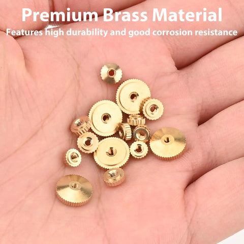 Brass Clock Hand Nuts Set, 15 Pieces, Three Sizes 5mm 6mm 10mm OD in hand, Replacement Hardware for Grandfather Clocks