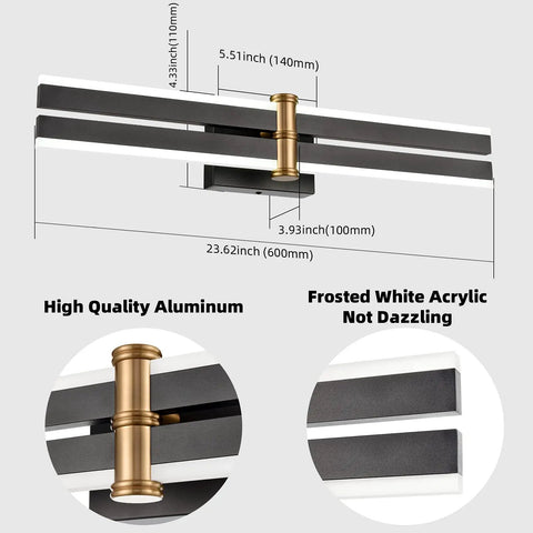 Sleek Aluminum Black And Gold LED Vanity Lights For Bathroom 24 Inch Wall Mount Fixtures Over Mirror With White Light 5500K