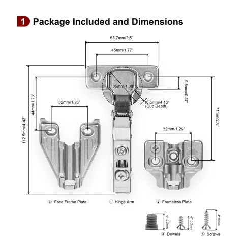 Dimensions and parts of 2 Pack Full Overlay Cabinet Hinges Clip On Soft Close Concealed European Hinges For Your Kitchen Cabinets
