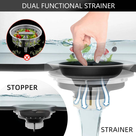 Matte Black 3-1/2 Inch Kitchen Sink Drain Assembly Kit with Strainer Basket and Stopper Universal Fit in use showing hand placement.