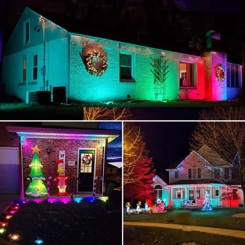 Outdoor RGB Color Changing Spotlight Kit With Remote, illuminating houses and yards with vibrant colors, ideal for decor