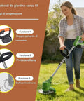 Woman using Cordless Electric Weed Wacker No Cord Hassle With Dual 21V Batteries And Charger 3 In 1 Grass Cutter.