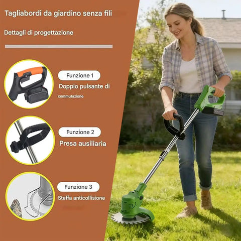 Woman using Cordless Electric Weed Wacker No Cord Hassle With Dual 21V Batteries And Charger 3 In 1 Grass Cutter.