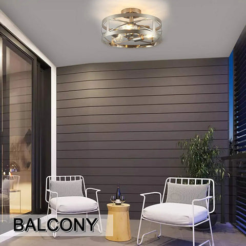 Sleek Modern 3 Light Semi Flush Mount Ceiling Light Brushed Nickel 13 Inch Round Drum Shade Fixture on a balcony ceiling