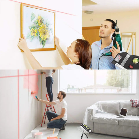 People using DIY Multipurpose Laser Level Tool Kit With Line Laser And Triangle Bracket for precise picture hanging and wall alignment indoors.