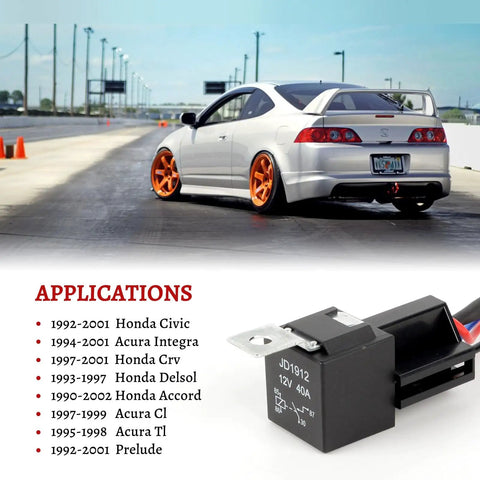 Plug And Play Main Relay Upgrade Kit For Honda Civic 92 01, Acura Integra 94 01, shown with compatible car models and relay close-up