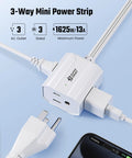 No More Juggling Plugs Ultra Slim 1.5 Ft Flat Extension Cord With Three Grounded Outlets, 3-way mini power strip design.