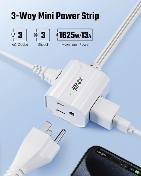 No More Juggling Plugs Ultra Slim 1.5 Ft Flat Extension Cord With Three Grounded Outlets, 3-way mini power strip design.