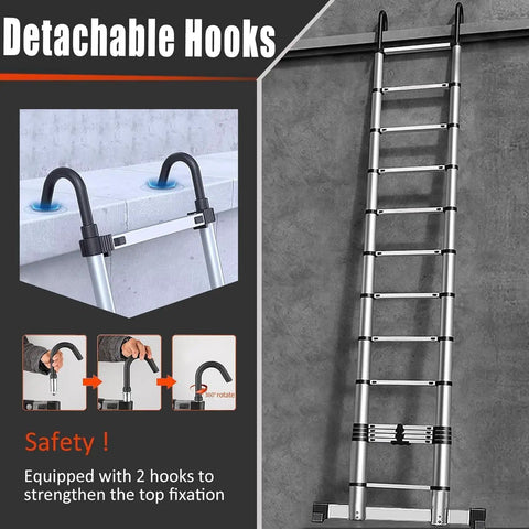 Lightweight Aluminum Telescoping Ladder 10.5 Ft Easy Fold Non Slip Feet Portable Collapsible Extension Ladder with Detachable Hooks