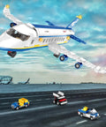 510 Piece City Passenger Airplane Building Set flying over runway with shuttle, baggage truck, and boarding stairs