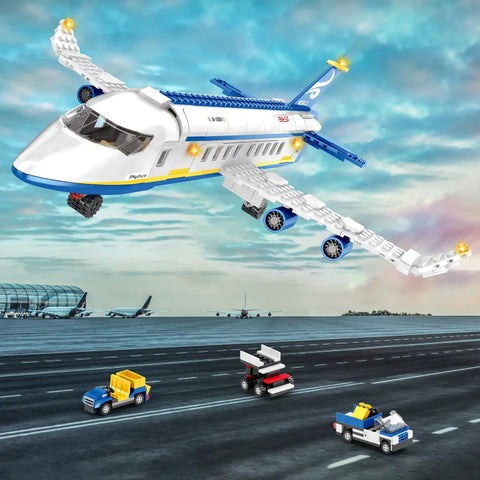510 Piece City Passenger Airplane Building Set flying over runway with shuttle, baggage truck, and boarding stairs