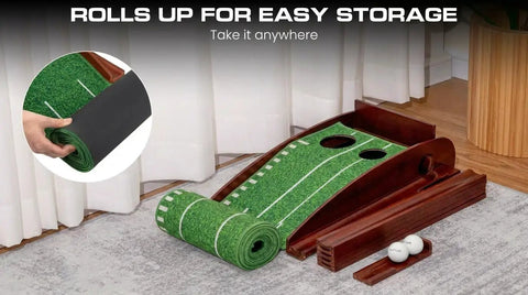 Indoor Putting Green With Automatic Ball Return All In One Golf Mat With Putter Holder Two Golf Balls Marking Tool And Storage Portable Home Office Practice Aid for compact storage in room