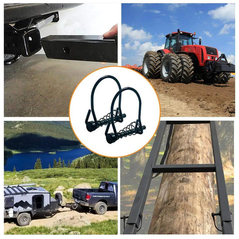 24 Pack Heavy Duty Shaft Locking Pins With Drop Dead Silent Springs For Tree Stands Hunting Ladders And Yard Safety Hardware in use with vehicles and tools.