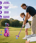 Parent guiding child with Toddler Golf Set For Kids Ages 2 To 5 With 4 Plastic Clubs, 8 Soft Balls, pink golf cart toy outdoors