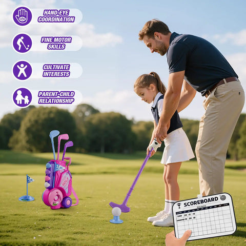 Parent guiding child with Toddler Golf Set For Kids Ages 2 To 5 With 4 Plastic Clubs, 8 Soft Balls, pink golf cart toy outdoors
