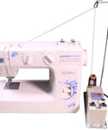 Portable Automatic Bobbin Winder for Sewing Machines with 43cm thread guide rod and spool pin, shown beside a sewing machine