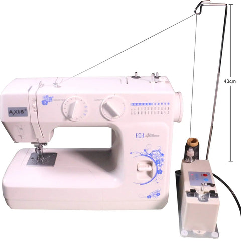 Portable Automatic Bobbin Winder for Sewing Machines with 43cm thread guide rod and spool pin, shown beside a sewing machine