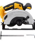 Heavy Duty Cordless Circular Saw With Brushless Motor And 5300 RPM To Slice Through Wood Up To 7 1/4 Inches, showing side view with blades.