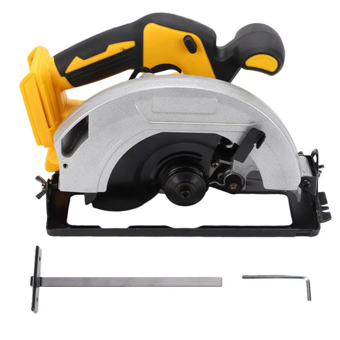 Badass Cordless Circular Saw with 7-1/4 Inch Blade and 5300 RPM Brushless Motor Cuts Hardwood Plywood No Sweat Includes 2 Alloy Steel Blades plus Carry Case for Serious Woodworkers Who Want Power on the Go without any Hassle - side view with alloy steel blades and accessories.