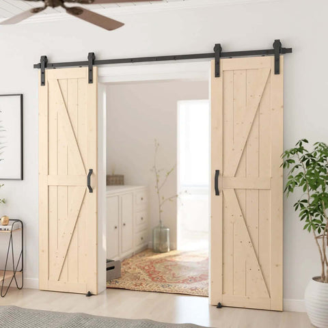 36 Inch By 84 Inch Sliding Barn Wood Door Pre Drilled DIY Ready To Assemble Unfinished Solid Spruce Panel Interior Single Door Natural Finish K Frame Rail Compatible For Six Foot To Six And A Half Foot Rail