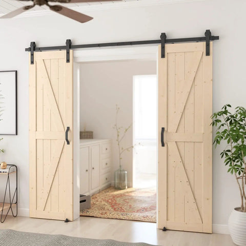 36 Inch By 80 Inch Sliding Barn Wood Door Pre Drilled Ready To Assemble Unfinished Solid Spruce Panel Door For Interior Single Door Natural Finish K Frame Compatible Fits 6 Ft To 6.6 Ft Rails DIY Friendly installed in a room opening.