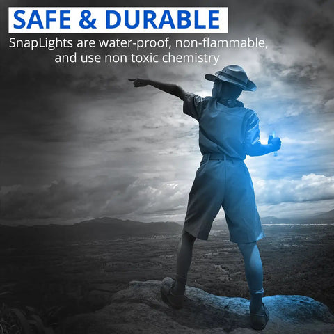 Person holding Mil Spec Blue SnapLight Emergency Light Sticks 6 Inch With 8 Hour Run Time Bulk Pack 20 Chem Lights for camping outdoors