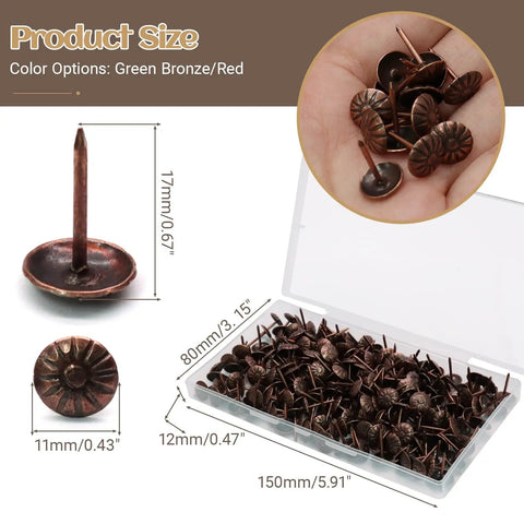 Top Shelf Red Copper Daisy Head Upholstery Tacks, 150 Pack Heavy Duty Thumb Nails For Furniture Repair, size and shape displayed in plastic box.