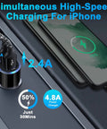 Road Ready Dual Port Usb Car Charger Two Pack Four Point Eight Amps Fast Charging Adapter plugged into a car's dash outlet, charging an iPhone.